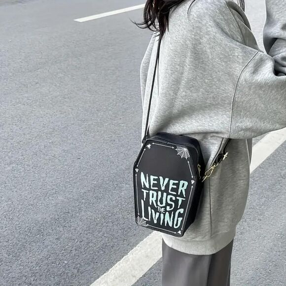 NEW Gothic Mini Denim Coffin Crossbody Shoulder Bag Gothic Punk Grunge - Picture 5 of 6